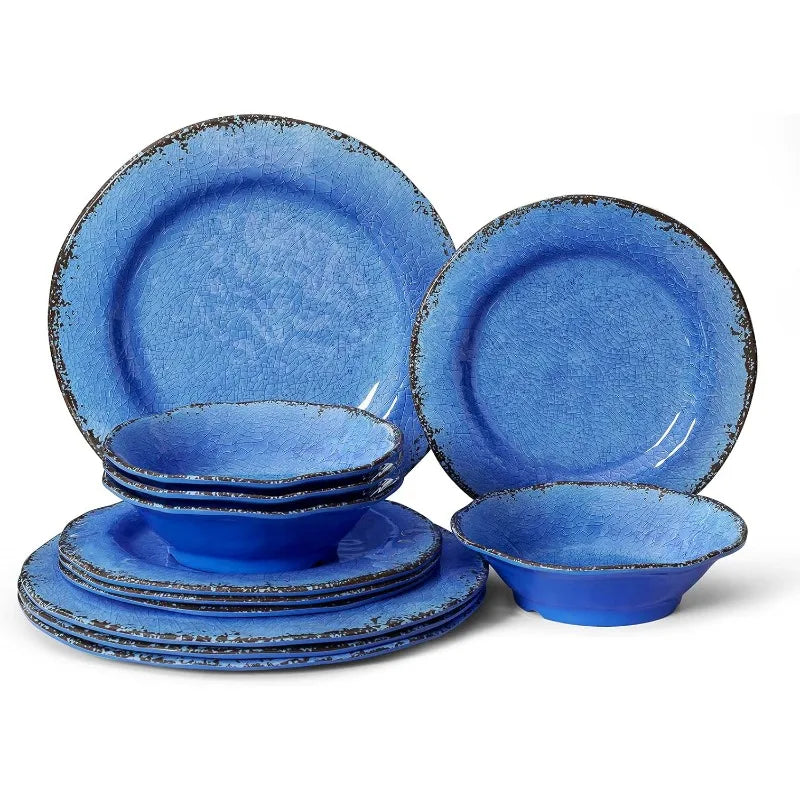 12 Piece Crackle Lightweight Melamine Dinnerware Set-Service for 4, break-resistant and Durable Rustic Plates and Bowls Dishware