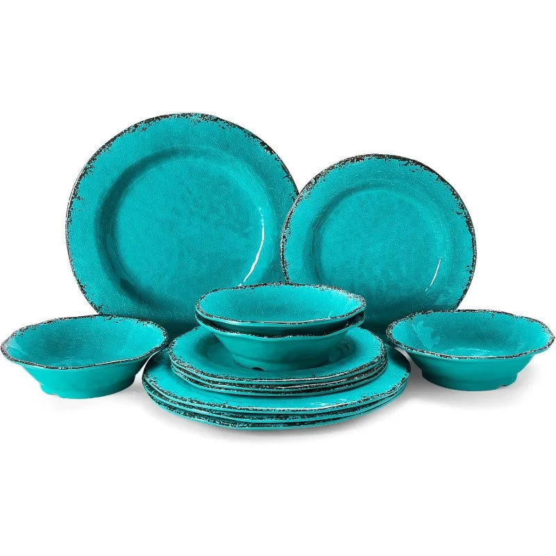 12 Piece Crackle Lightweight Melamine Dinnerware Set-Service for 4, break-resistant and Durable Rustic Plates and Bowls Dishware