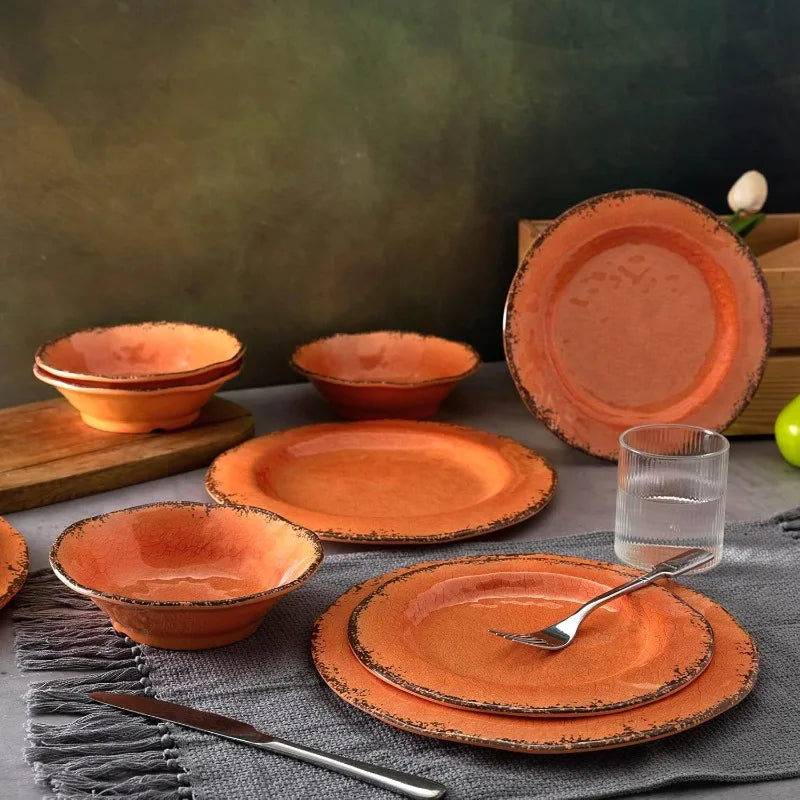 12 Piece Crackle Lightweight Melamine Dinnerware Set-Service for 4, break-resistant and Durable Rustic Plates and Bowls Dishware