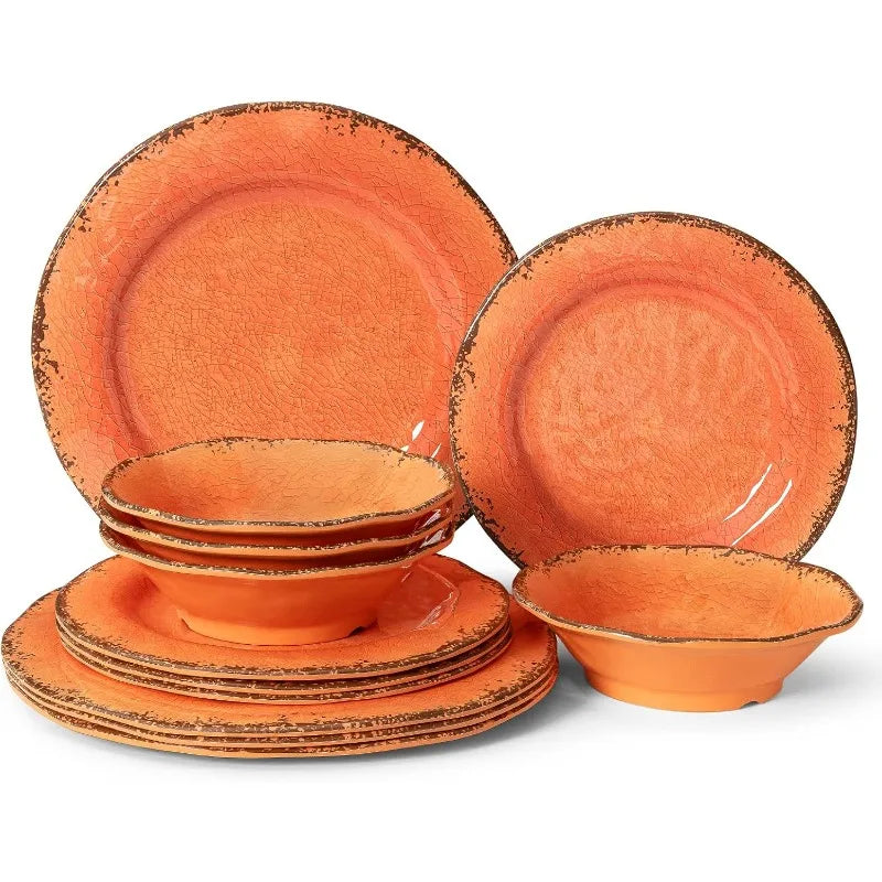 12 Piece Crackle Lightweight Melamine Dinnerware Set-Service for 4, break-resistant and Durable Rustic Plates and Bowls Dishware