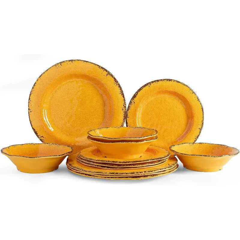 12 Piece Crackle Lightweight Melamine Dinnerware Set-Service for 4, break-resistant and Durable Rustic Plates and Bowls Dishware