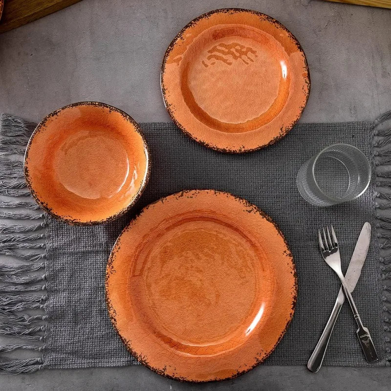 12 Piece Crackle Lightweight Melamine Dinnerware Set-Service for 4, break-resistant and Durable Rustic Plates and Bowls Dishware