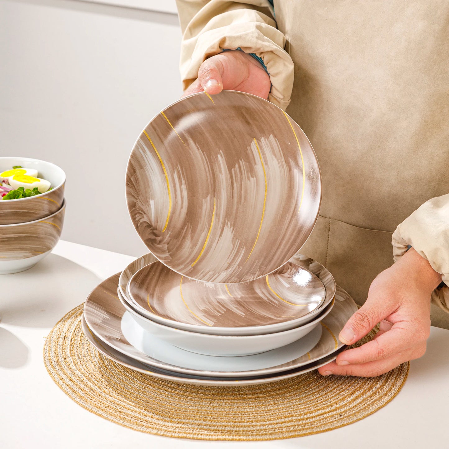 12/24-Piece Luxury Ceramic Bowl and Plate Set Floating Cloud Pattern Porcelain Dinnerware Set Permium Ceramic Kitchen Tableware