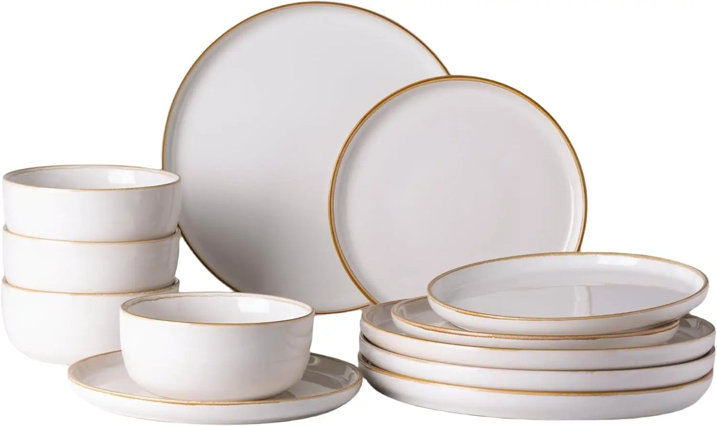 Ceramic Dinnerware Sets for 4, 12 Pieces Stoneware Plates and Bowls Sets, Reactive Glaze Dishes -Scratch Resistant,