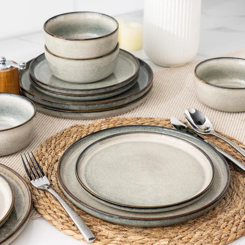 Ceramic Dinnerware Sets for 4, 12 Pieces Stoneware Plates and Bowls Sets, Reactive Glaze Dishes -Scratch Resistant,