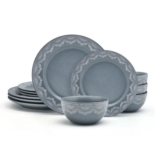 12 Piece Stoneware Dinnerware Set Blue