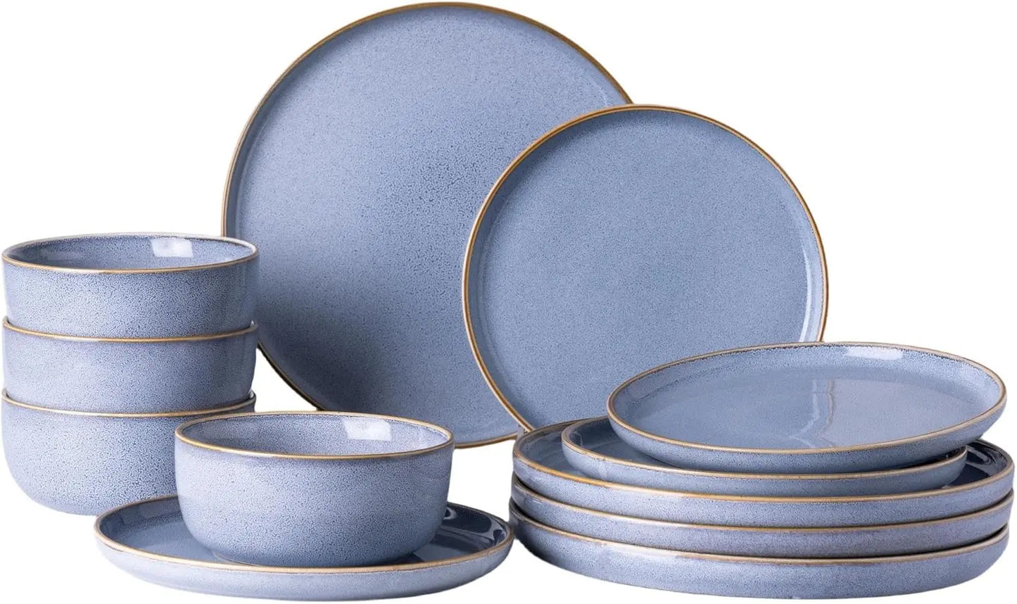 Ceramic Dinnerware Sets for 4, 12 Pieces Stoneware Plates and Bowls Sets, Reactive Glaze Dishes -Scratch Resistant,