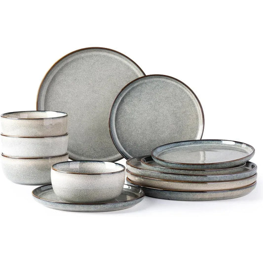 Ceramic Dinnerware Sets for 4, 12 Pieces Stoneware Plates and Bowls Sets, Reactive Glaze Dishes -Scratch Resistant,