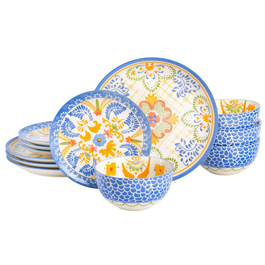 12 Piece Round Stoneware Dinnerware Set in Assorted Designs