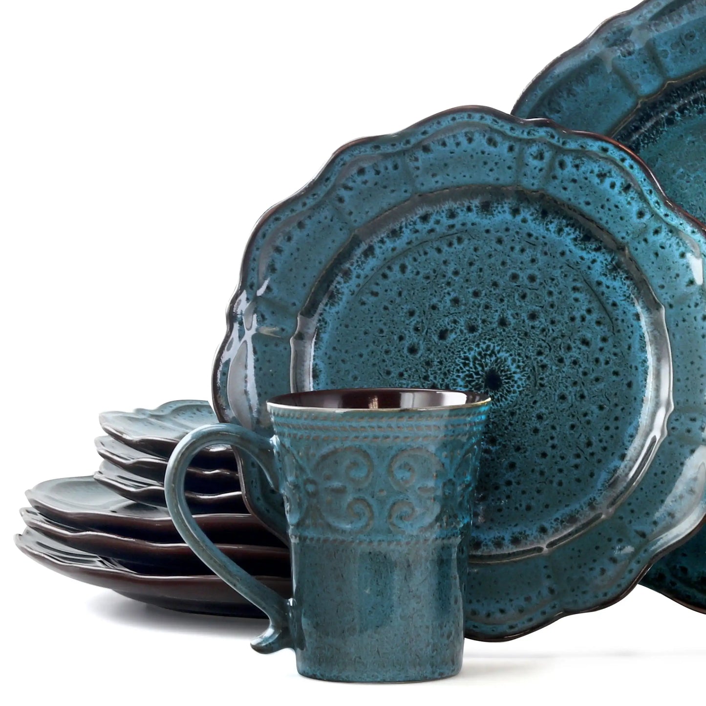 Lavish Blue 16 Piece Round Stoneware Dinnerware Set in Blue