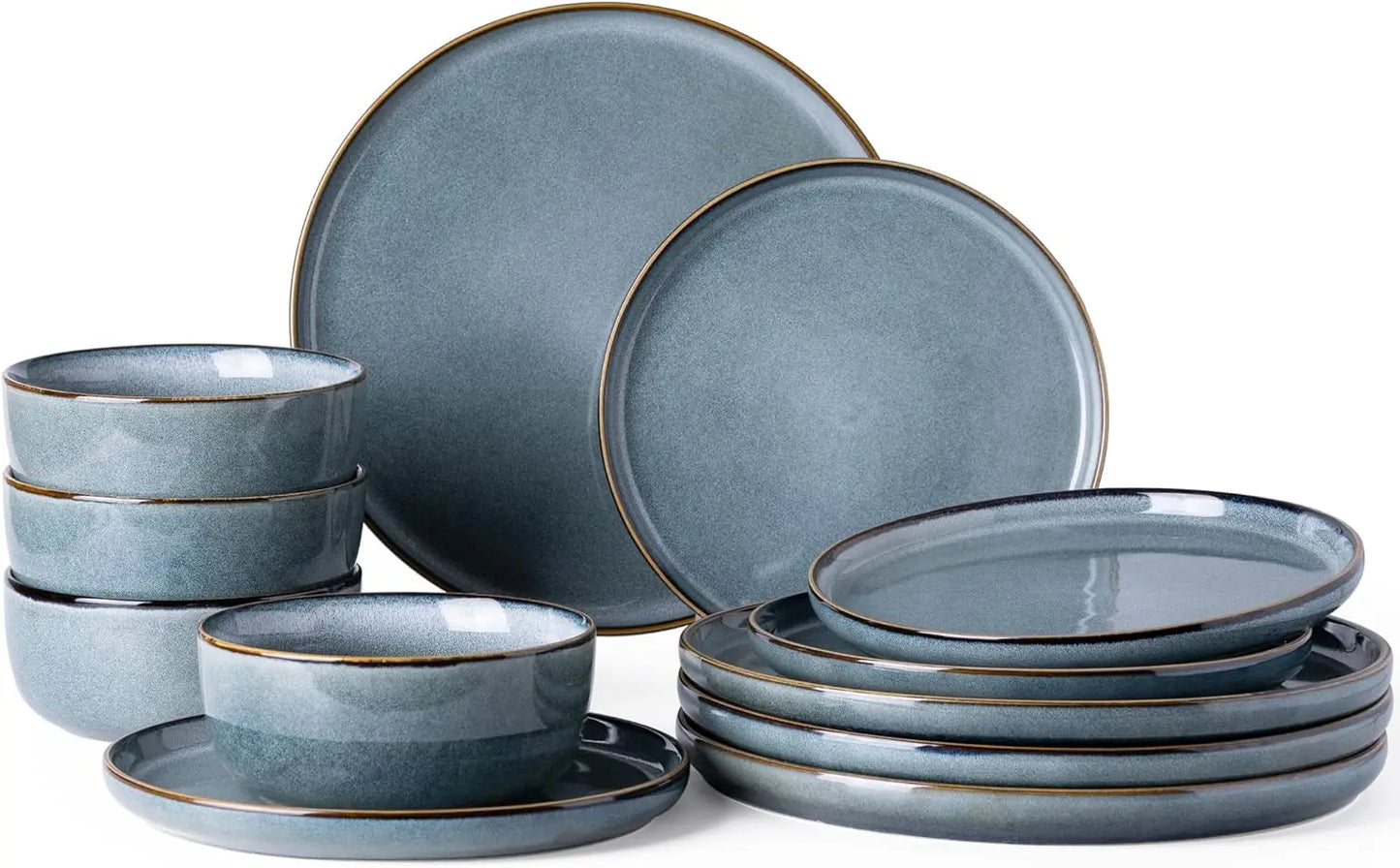 Ceramic Dinnerware Sets for 4, 12 Pieces Stoneware Plates and Bowls Sets, Reactive Glaze Dishes -Scratch Resistant,