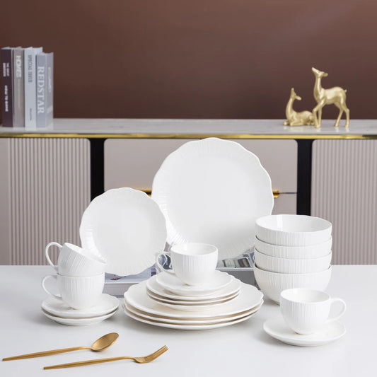 12/20-Piece Porcelain Dinner Set Elegant White Ceramic Bowl and Plate Set for Household Kitchen Premium Tableware Suit